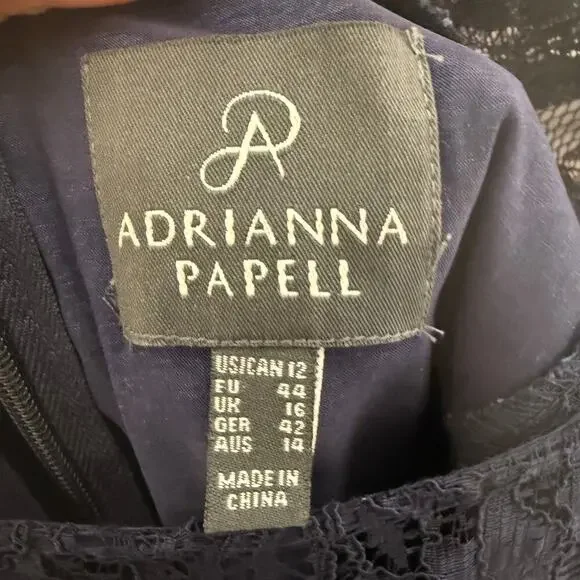 ADRIANNA PAPELL 12 Women's Lace Overlay Sheath Dress Peplum Navy Cocktail Short - Picture 10 of 14